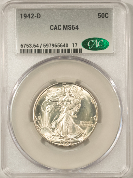 CAC Approved Coins 1942-D WALKING LIBERTY HALF DOLLAR – CACG MS-64, CAC APPROVED!