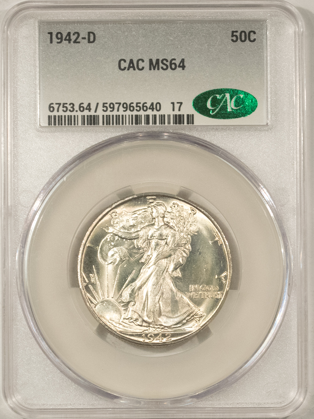 CAC Approved Coins 1942-D WALKING LIBERTY HALF DOLLAR – CACG MS-64, CAC APPROVED! CAC Approved Coins 1942-D WALKING LIBERTY HALF DOLLAR – CACG MS-64, CAC APPROVED!