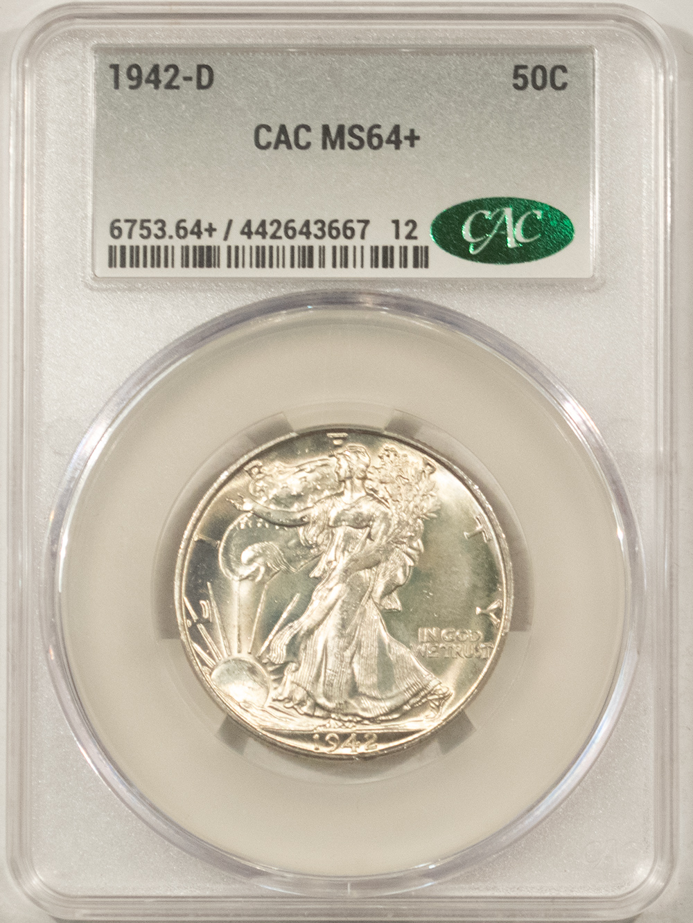 CAC Approved Coins 1942-D WALKING LIBERTY HALF DOLLAR – CACG MS-64+, CAC APPROVED! CAC Approved Coins 1942-D WALKING LIBERTY HALF DOLLAR – CACG MS-64+, CAC APPROVED!