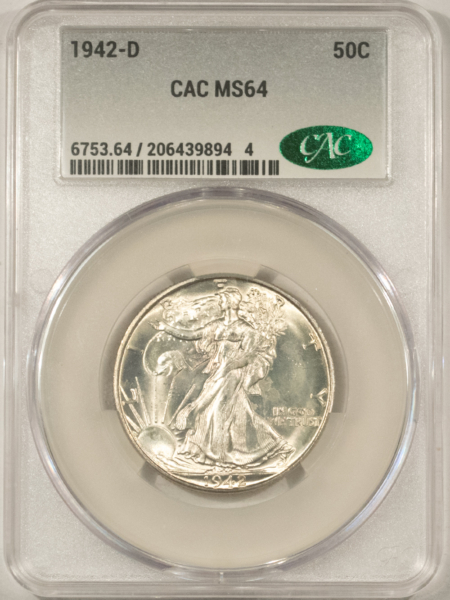 CAC Approved Coins 1942-D WALKING LIBERTY HALF DOLLAR – CACG MS-64, CAC APPROVED!