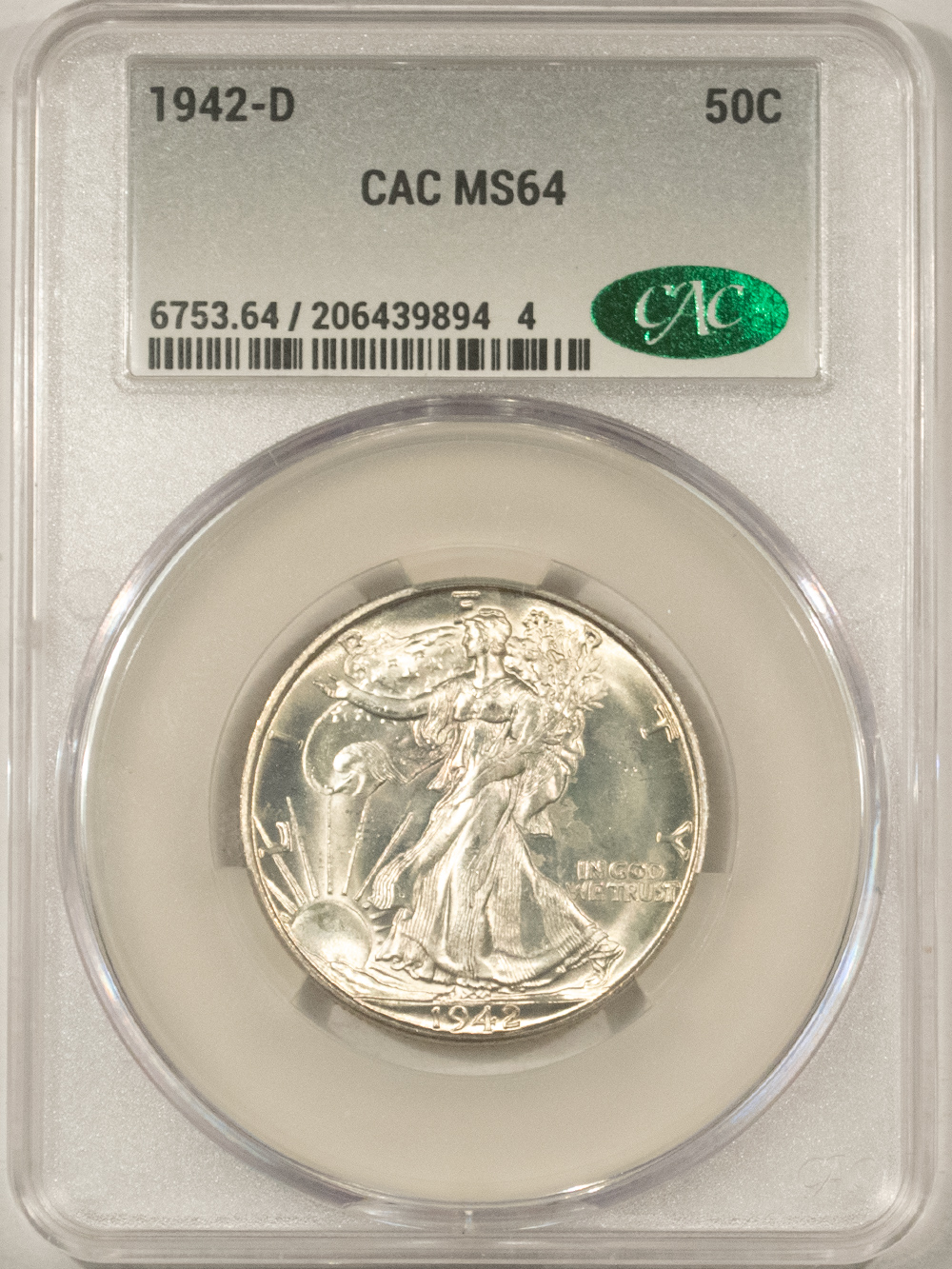 CAC Approved Coins 1942-D WALKING LIBERTY HALF DOLLAR – CACG MS-64, CAC APPROVED! CAC Approved Coins 1942-D WALKING LIBERTY HALF DOLLAR – CACG MS-64, CAC APPROVED!