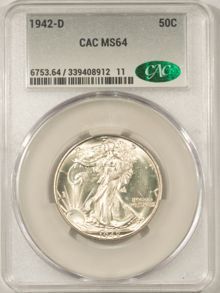 Half Dollars 1942-D WALKING LIBERTY HALF DOLLAR – CACG MS-64, CAC APPROVED!