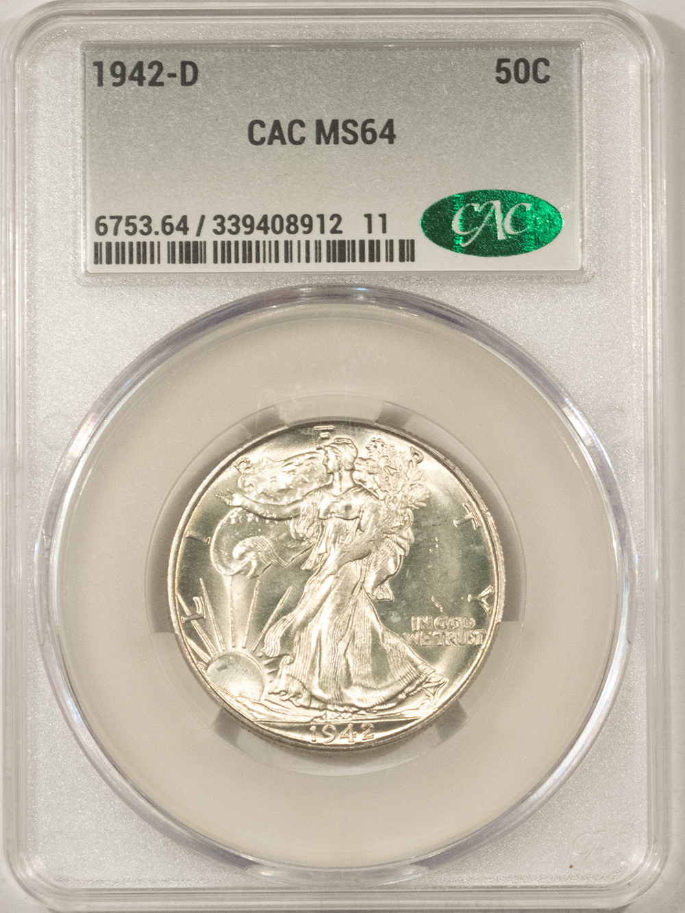 Half Dollars 1942-D WALKING LIBERTY HALF DOLLAR – CACG MS-64, CAC APPROVED! Half Dollars 1942-D WALKING LIBERTY HALF DOLLAR – CACG MS-64, CAC APPROVED!