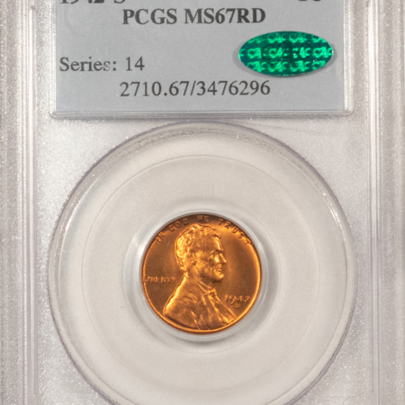CAC Approved Coins 1942-S LINCOLN CENT – PCGS MS-67 RD, SUPERB RED, PREMIUM QUALITY & CAC APPROVED!