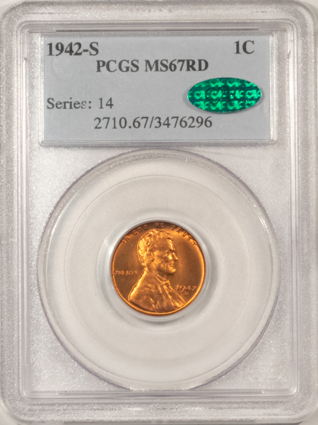 CAC Approved Coins 1942-S LINCOLN CENT – PCGS MS-67 RD, SUPERB RED, PREMIUM QUALITY & CAC APPROVED!