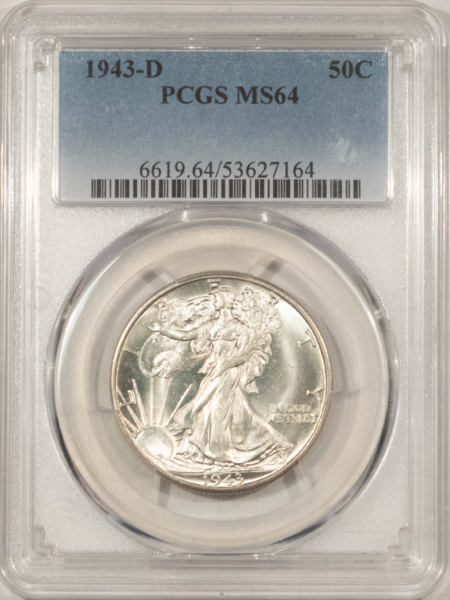 Half Dollars 1943-D WALKING LIBERTY HALF DOLLAR – PCGS MS-64, SNOW WHITE!