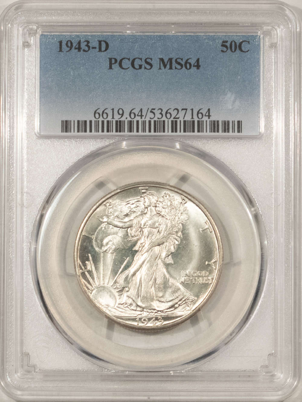 Half Dollars 1943-D WALKING LIBERTY HALF DOLLAR – PCGS MS-64, SNOW WHITE! Half Dollars 1943-D WALKING LIBERTY HALF DOLLAR – PCGS MS-64, SNOW WHITE!