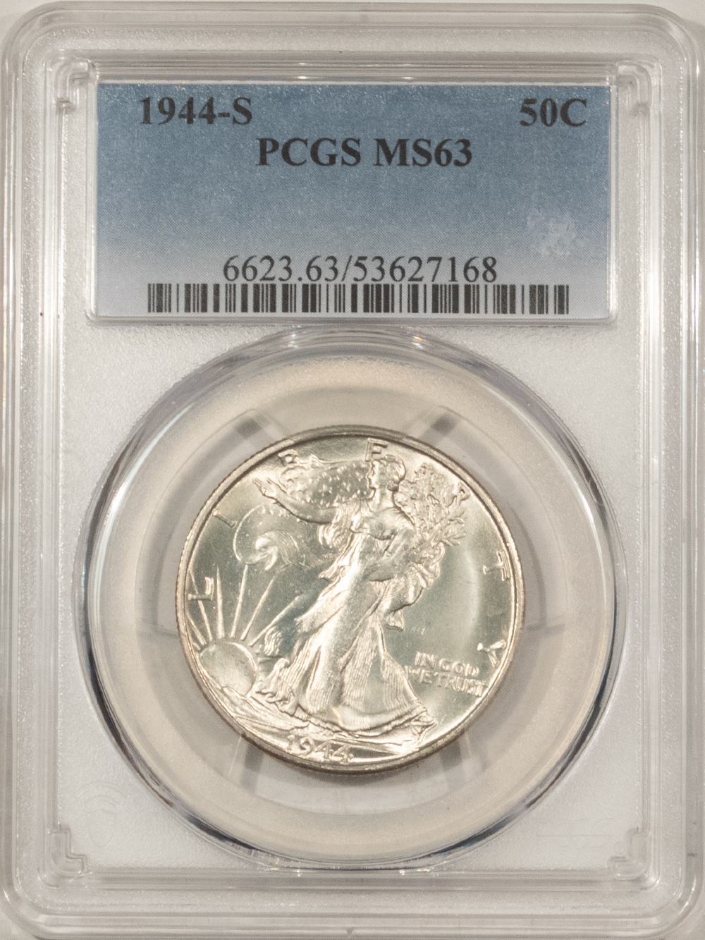 Half Dollars 1944-S WALKING LIBERTY HALF DOLLAR – PCGS MS-63, BLAZING WHITE! Half Dollars 1944-S WALKING LIBERTY HALF DOLLAR – PCGS MS-63, BLAZING WHITE!