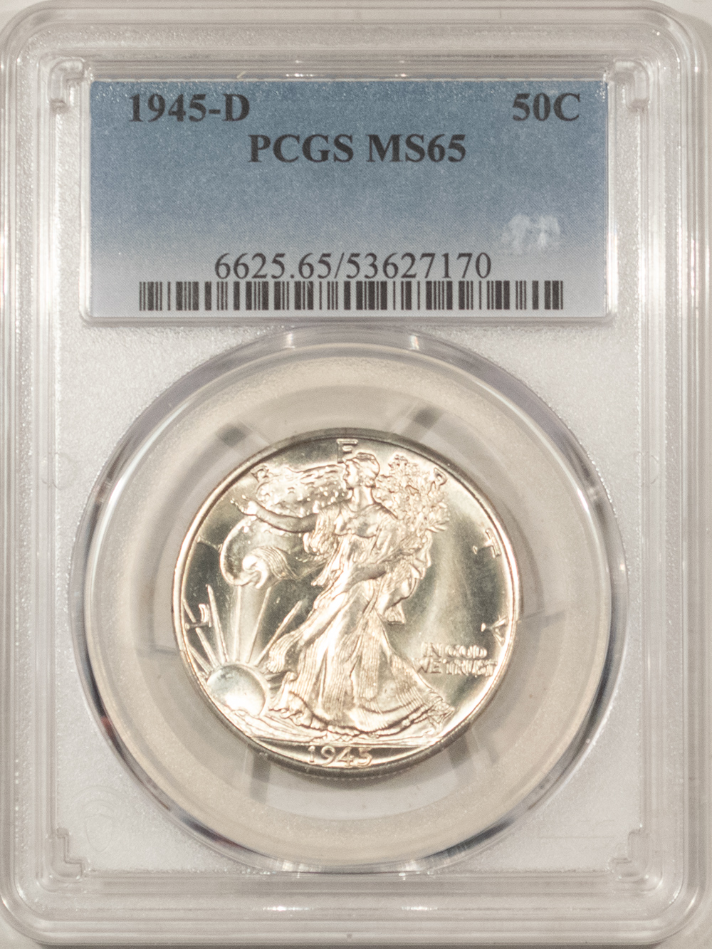 Half Dollars 1945-D WALKING LIBERTY HALF DOLLAR – PCGS MS-65, BLAZING WHITE, PREMIUM QUALITY! Half Dollars 1945-D WALKING LIBERTY HALF DOLLAR – PCGS MS-65, BLAZING WHITE, PREMIUM QUALITY!