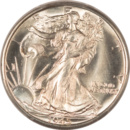 Half Dollars 1945-D WALKING LIBERTY HALF DOLLAR – PCGS MS-65, BLAZING WHITE, PREMIUM QUALITY!