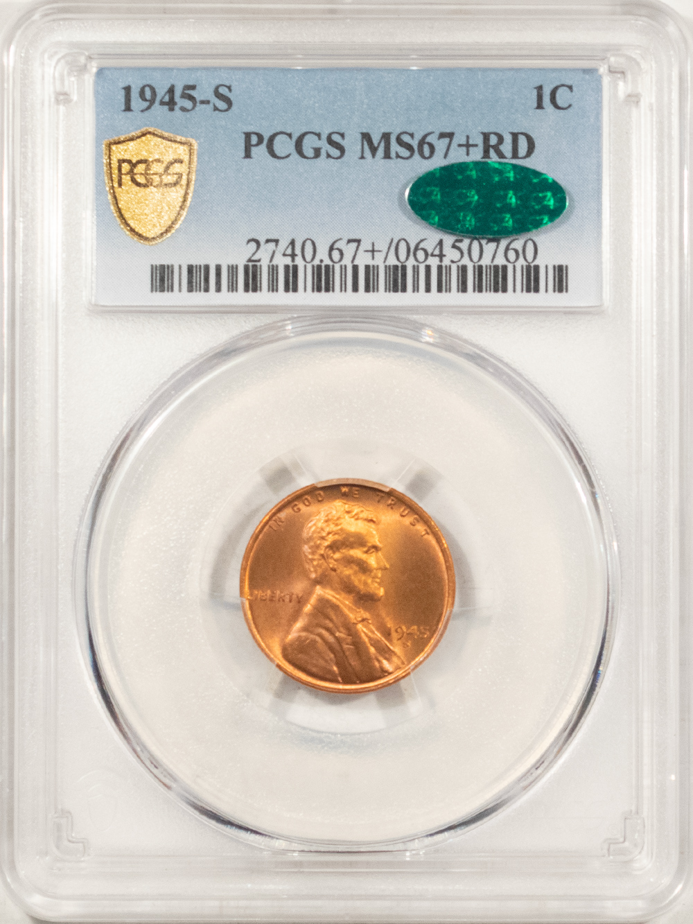 CAC Approved Coins 1945-S LINCOLN CENT – PCGS MS-67+ RD, SUPERB RED STUNNER! CAC APPROVED! CAC Approved Coins 1945-S LINCOLN CENT – PCGS MS-67+ RD, SUPERB RED STUNNER! CAC APPROVED!
