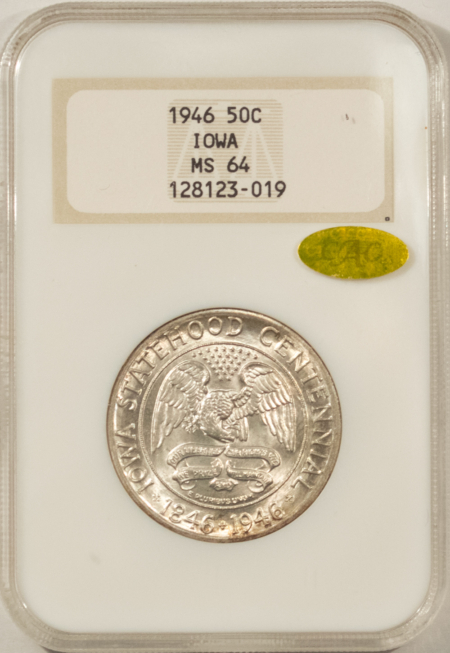 CAC Approved Coins 1946 IOWA COMMEMORATIVE HALF DOLLAR NGC MS-64 GOLD CAC PQ EMBOSSED FATTIE HOLDER