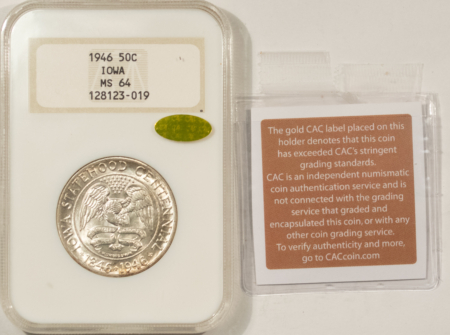 CAC Approved Coins 1946 IOWA COMMEMORATIVE HALF DOLLAR NGC MS-64 GOLD CAC PQ EMBOSSED FATTIE HOLDER