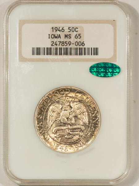 CAC Approved Coins 1946 IOWA COMMEMORATIVE HALF DOLLAR NGC MS-65 CAC, 67 QUALITY! PQ, FATTIE HOLDER