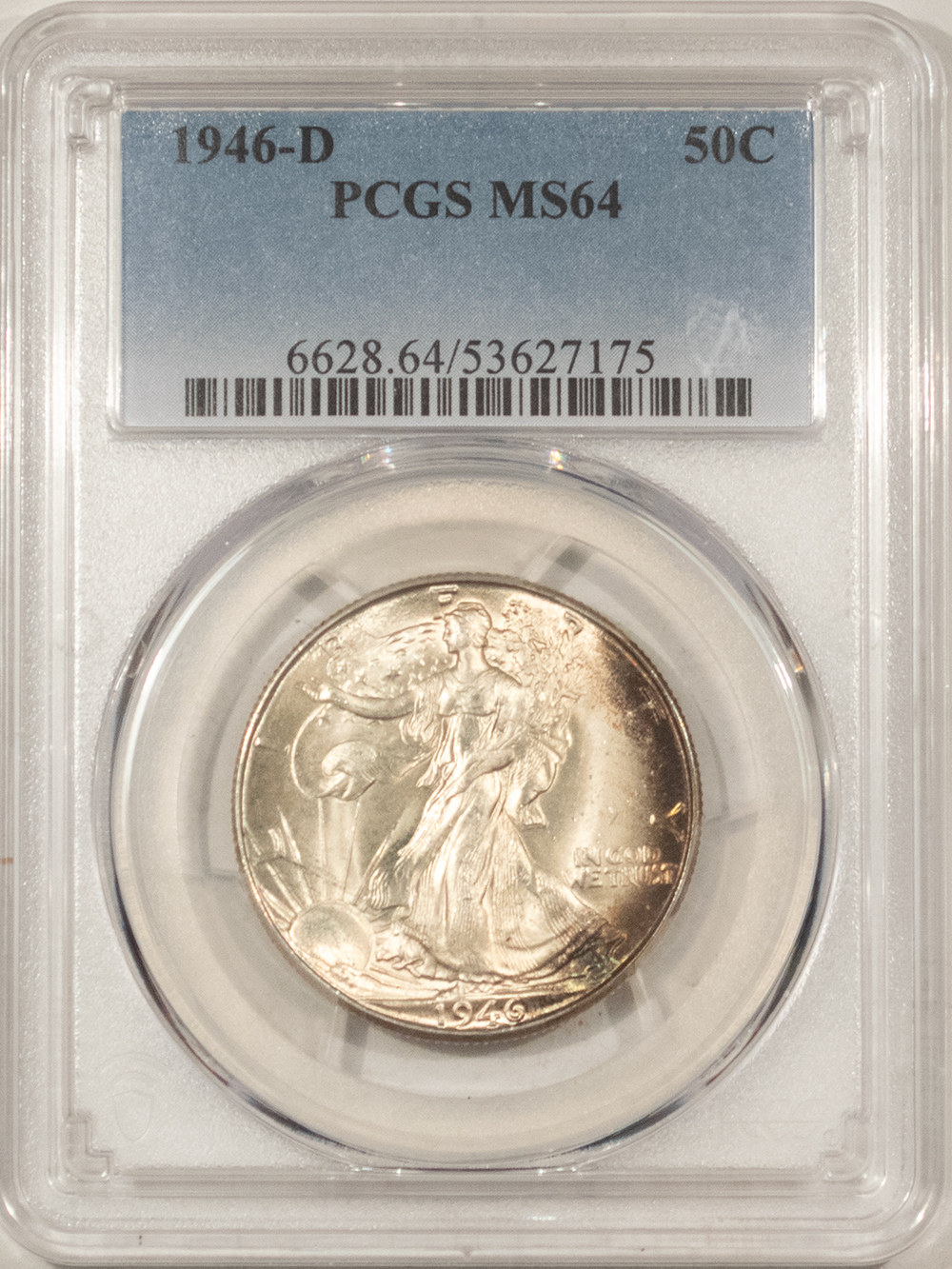 Half Dollars 1946-D WALKING LIBERTY HALF DOLLAR – PCGS MS-64, ATTRACTIVE OBVERSE EDGE TONING! Half Dollars 1946-D WALKING LIBERTY HALF DOLLAR – PCGS MS-64, ATTRACTIVE OBVERSE EDGE TONING!