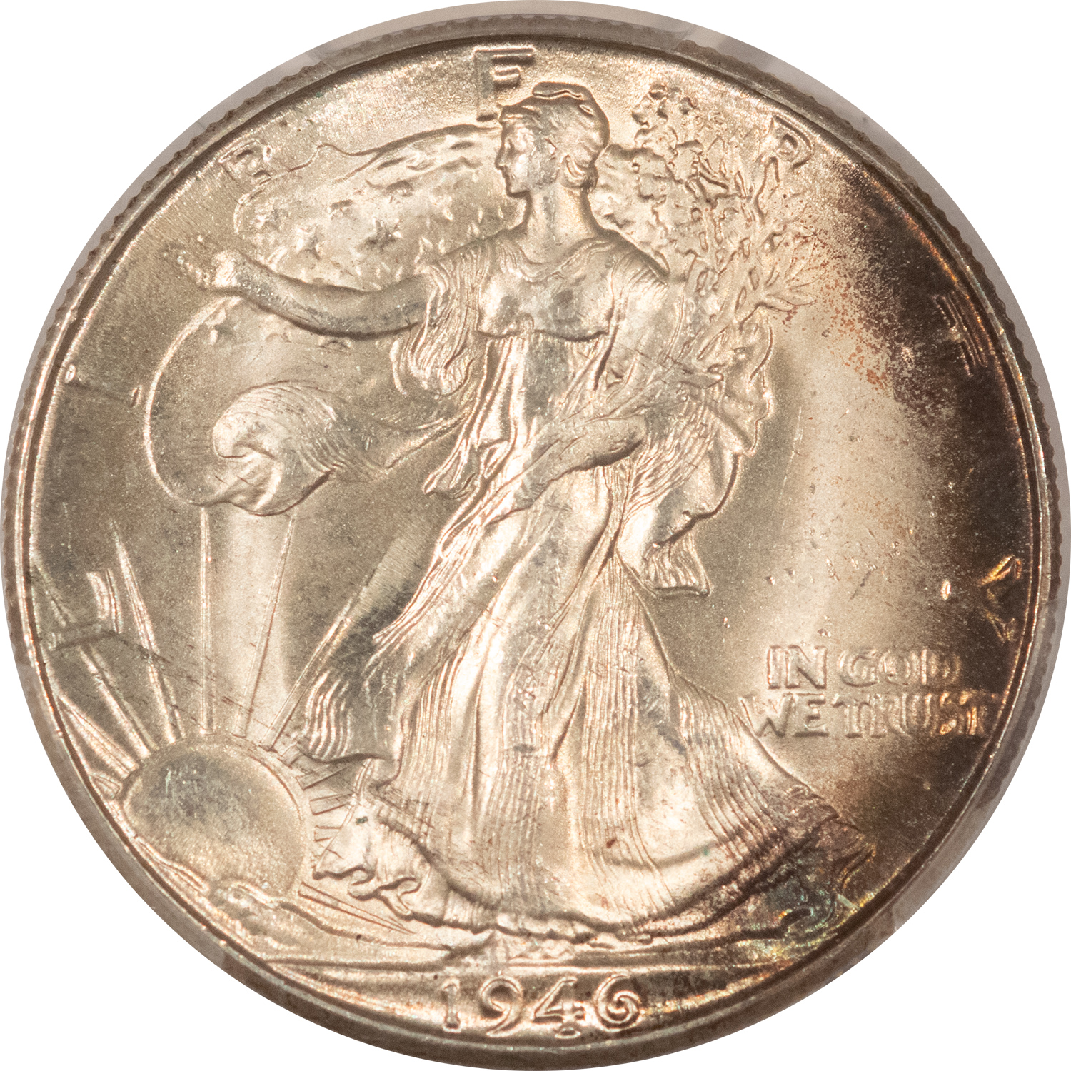 Half Dollars 1946-D WALKING LIBERTY HALF DOLLAR – PCGS MS-64, ATTRACTIVE OBVERSE EDGE TONING! Half Dollars 1946-D WALKING LIBERTY HALF DOLLAR – PCGS MS-64, ATTRACTIVE OBVERSE EDGE TONING!