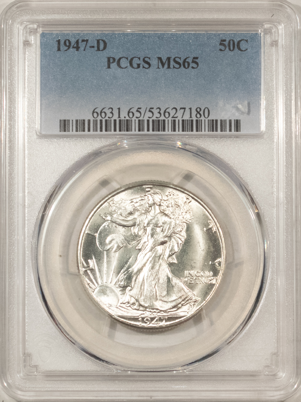Half Dollars 1947-D WALKING LIBERTY HALF DOLLAR – PCGS MS-65 BLAZING WHITE GEM! Half Dollars 1947-D WALKING LIBERTY HALF DOLLAR – PCGS MS-65 BLAZING WHITE GEM!