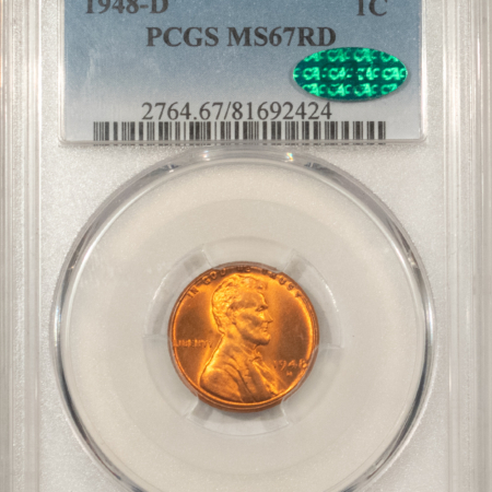 CAC Approved Coins 1948-D LINCOLN CENT – PCGS MS-67 RD, FIERY RED, SUPERB! CAC APPROVED!