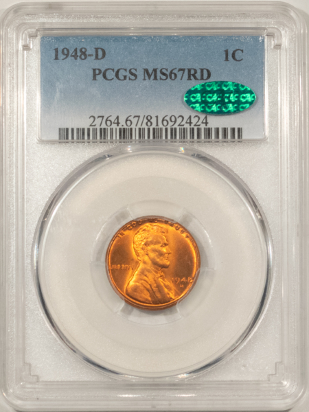 CAC Approved Coins 1948-D LINCOLN CENT – PCGS MS-67 RD, FIERY RED, SUPERB! CAC APPROVED!