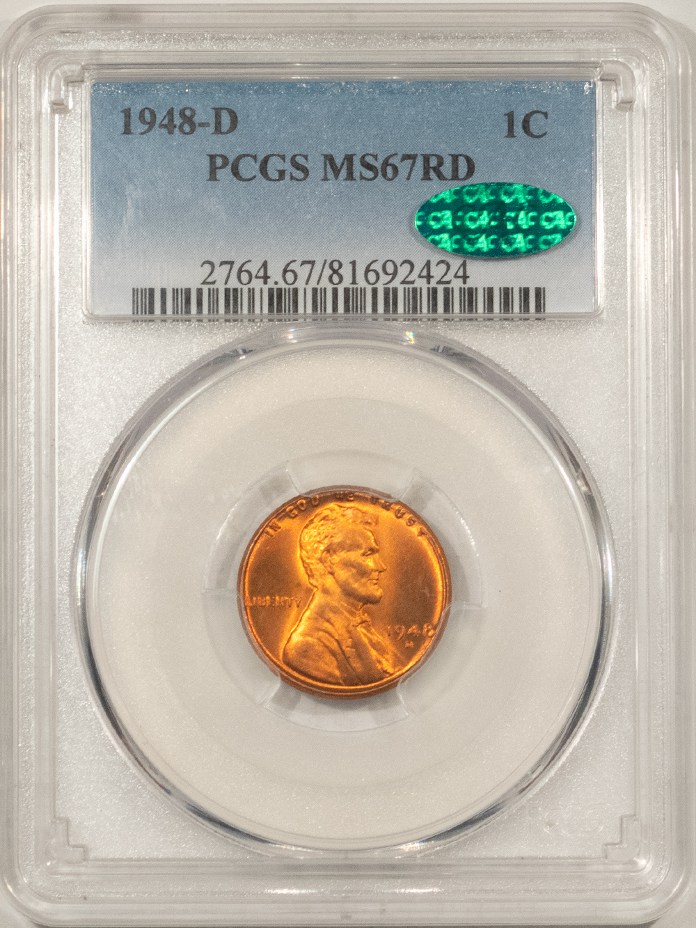 CAC Approved Coins 1948-D LINCOLN CENT – PCGS MS-67 RD, FIERY RED, SUPERB! CAC APPROVED! CAC Approved Coins 1948-D LINCOLN CENT – PCGS MS-67 RD, FIERY RED, SUPERB! CAC APPROVED!
