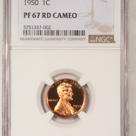Lincoln Cents (Wheat) 1950 PROOF LINCOLN CENT – NGC PF-67 RD CAMEO, ATTRACTIVE & SUPERB!