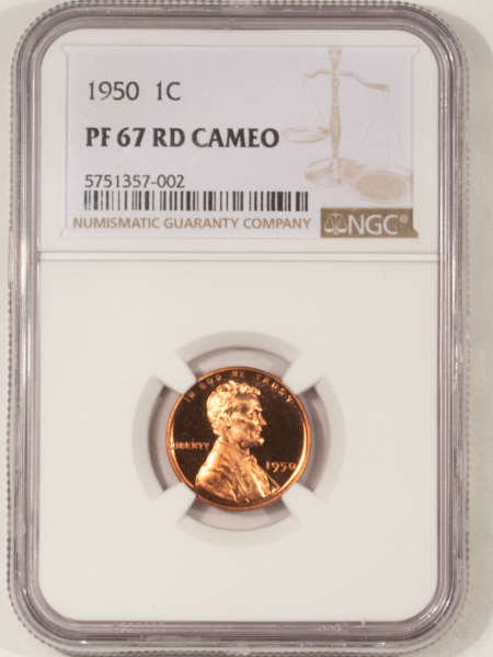 Lincoln Cents (Wheat) 1950 PROOF LINCOLN CENT – NGC PF-67 RD CAMEO, ATTRACTIVE & SUPERB!