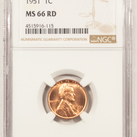Lincoln Cents (Wheat) 1951 LINCOLN CENT – NGC MS-66 RD, RED & SUPERB!