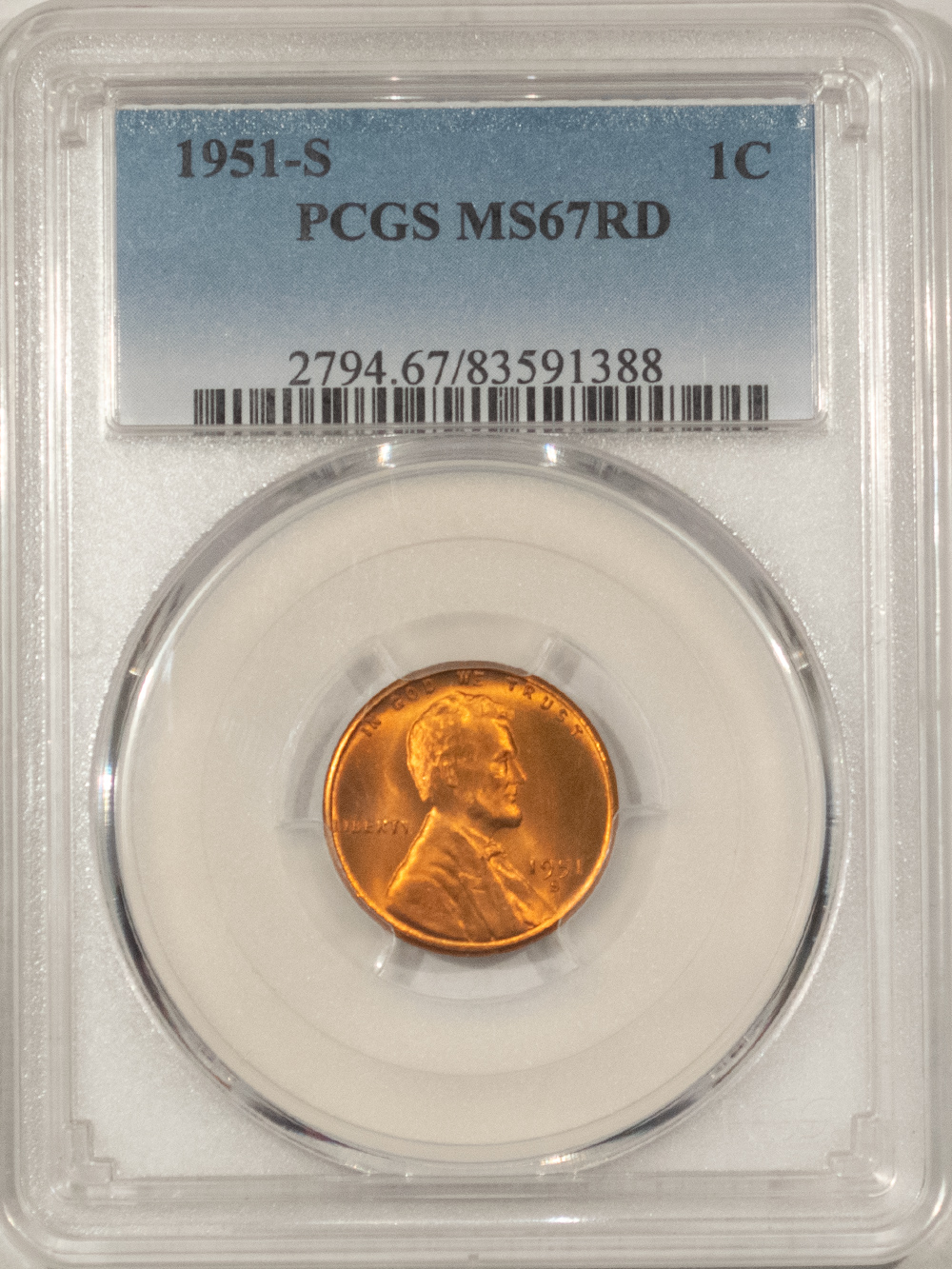 Lincoln Cents (Wheat) 1951-S LINCOLN CENT – PCGS MS-67 RD, SUPERB! PREMIUM QUALITY! Lincoln Cents (Wheat) 1951-S LINCOLN CENT – PCGS MS-67 RD, SUPERB! PREMIUM QUALITY!
