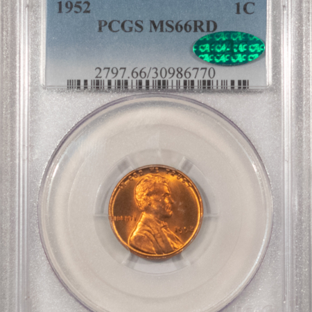 CAC Approved Coins 1952 LINCOLN CENT – PCGS MS-66 RD, PRETTY! PREMIUM QUALITY! CAC APPROVED!