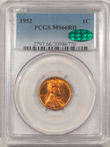 CAC Approved Coins 1952 LINCOLN CENT – PCGS MS-66 RD, PRETTY! PREMIUM QUALITY! CAC APPROVED!