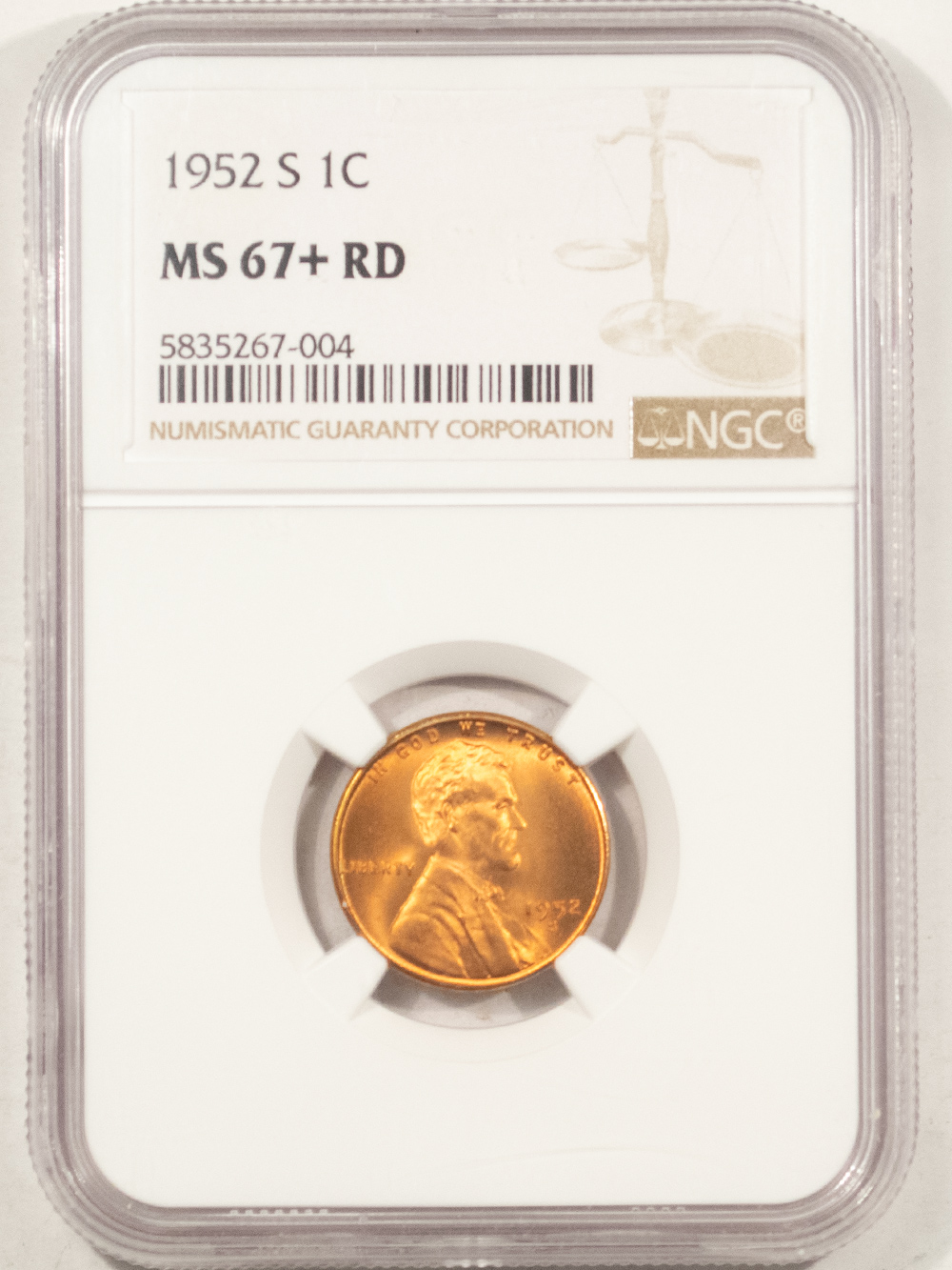 Lincoln Cents (Wheat) 1952-S LINCOLN CENT – NGC MS-67+ RD, RED BLAZER, STUNNING AND SUPERB! Lincoln Cents (Wheat) 1952-S LINCOLN CENT – NGC MS-67+ RD, RED BLAZER, STUNNING AND SUPERB!