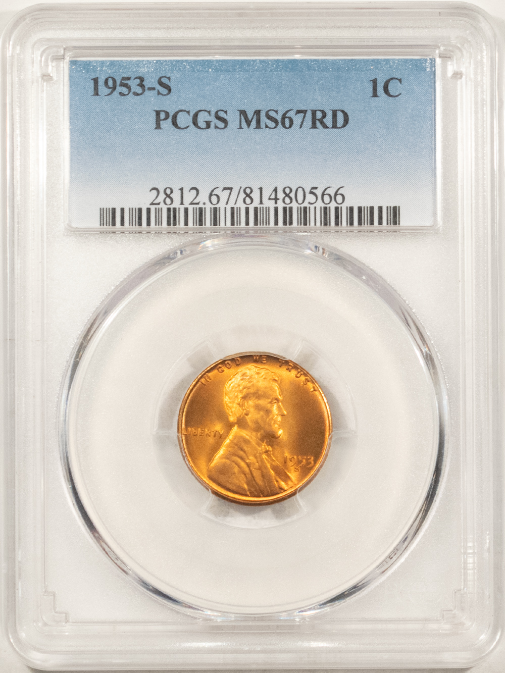 Lincoln Cents (Wheat) 1953-S LINCOLN CENT – PCGS MS-67 RD, SUPERB GEM! ATTRACTIVE! Lincoln Cents (Wheat) 1953-S LINCOLN CENT – PCGS MS-67 RD, SUPERB GEM! ATTRACTIVE!