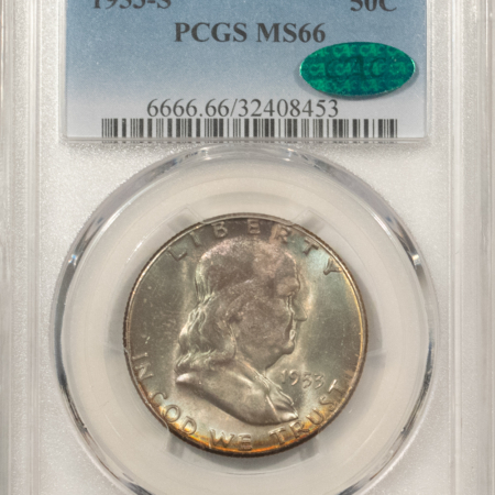 CAC Approved Coins 1953-S FRANKLIN HALF DOLLAR – PCGS MS-66, PRETTY TONING, PREMIUM QUALITY & CAC!