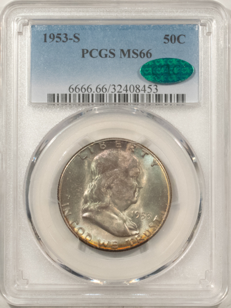 CAC Approved Coins 1953-S FRANKLIN HALF DOLLAR – PCGS MS-66, PRETTY TONING, PREMIUM QUALITY & CAC!