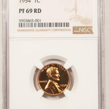 Lincoln Cents (Wheat) 1954 PROOF LINCOLN CENT – NGC PF-69 RD, VIRTUALLY PERFECT RED!