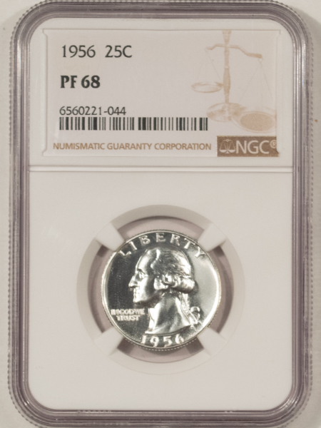 New Certified Coins 1956 PROOF WASHINGTON SILVER QUARTER – NGC PF-68 WHITE W/ CAMEO REVERSE