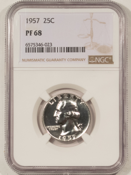 New Certified Coins 1957 PROOF WASHINGTON SILVER QUARTER – NGC PF-68 WHITE