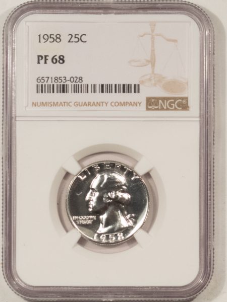 New Certified Coins 1958 PROOF WASHINGTON SILVER QUARTER – NGC PF-68 WHITE