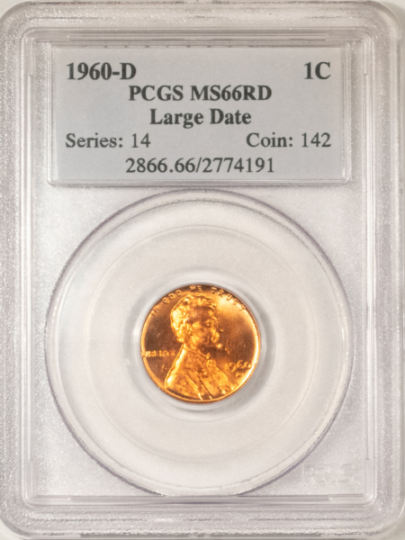Lincoln Cents (Memorial) 1960-D LINCOLN CENT, LARGE DATE – PCGS MS-66 RD FLASHY & NICE!