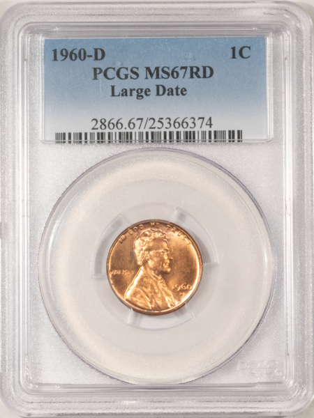 Lincoln Cents (Memorial) 1960-D LINCOLN CENT, LARGE DATE – PCGS MS-67 RD