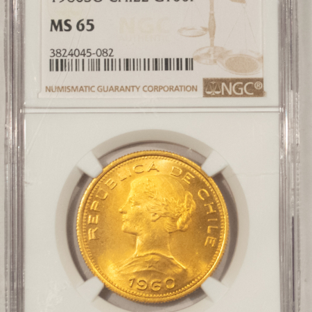 New Certified Coins 1960 SO CHILE GOLD 100 PESOS, KM #175 – NGC MS-65, SCARCER IN GEM! .5885 AGW