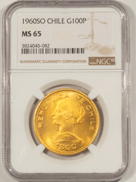 New Certified Coins 1960 SO CHILE GOLD 100 PESOS, KM #175 – NGC MS-65, SCARCER IN GEM! .5885 AGW