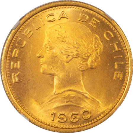 New Certified Coins 1960 SO CHILE GOLD 100 PESOS, KM #175 – NGC MS-65, SCARCER IN GEM! .5885 AGW