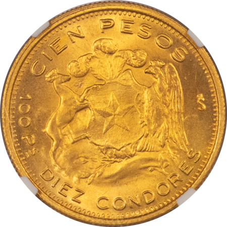 New Certified Coins 1960 SO CHILE GOLD 100 PESOS, KM #175 – NGC MS-65, SCARCER IN GEM! .5885 AGW