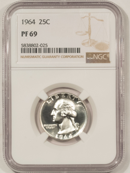 New Certified Coins 1964 PROOF WASHINGTON QUARTER – NGC PF-69, WHITE!