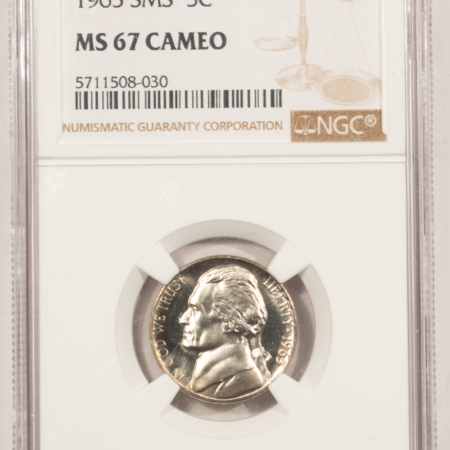 Jefferson Nickels 1965 SMS JEFFERSON NICKEL – NGC MS-67 CAMEO, TOUGHER SPECIAL MINT SET CAMEO!