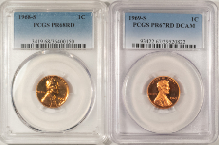 Lincoln Cents (Memorial) 1968-S & 1969-S LINCOLN CENTS, LOT OF 2 – PCGS PR-68 RD & PCGS PR-67 RD DCAM