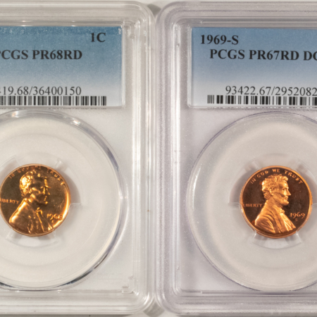 Lincoln Cents (Memorial) 1968-S & 1969-S LINCOLN CENTS, LOT OF 2 – PCGS PR-68 RD & PCGS PR-67 RD DCAM