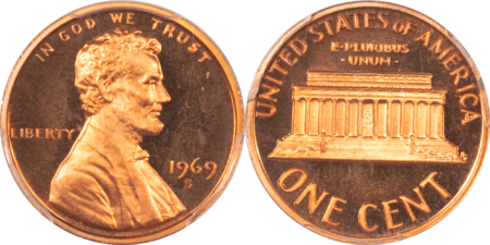 Lincoln Cents (Memorial) 1968-S & 1969-S LINCOLN CENTS, LOT OF 2 – PCGS PR-68 RD & PCGS PR-67 RD DCAM