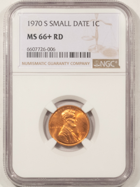 Lincoln Cents (Memorial) 1970-S LINCOLN CENT, SMALL DATE – NGC MS-66+ RD, NICE RED, TOUGH!